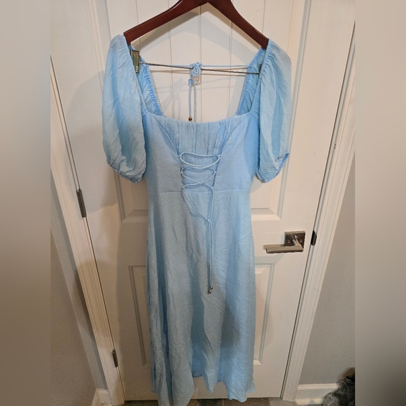 NWOT Selfie Leslie Blue Puff Sleeve Corset Midi Dress Spring Summer Bustier Sm - Picture 2 of 5